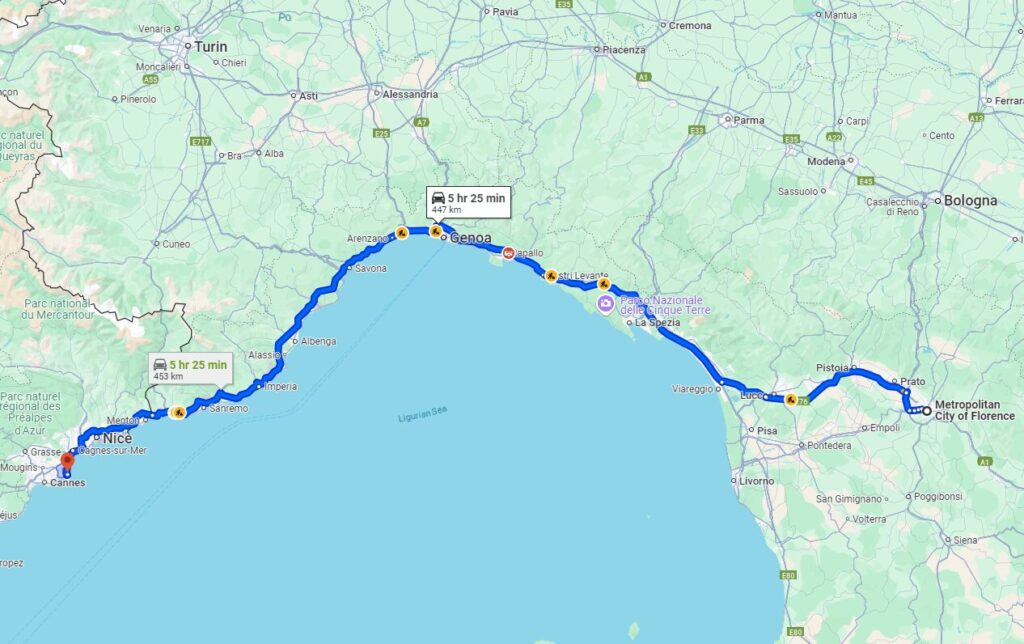 Florence to Antibes road