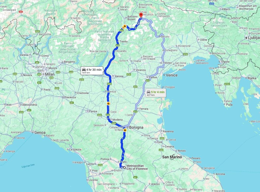 Florence to Campitello di Fassa road Florence to Campitello di Fassa road