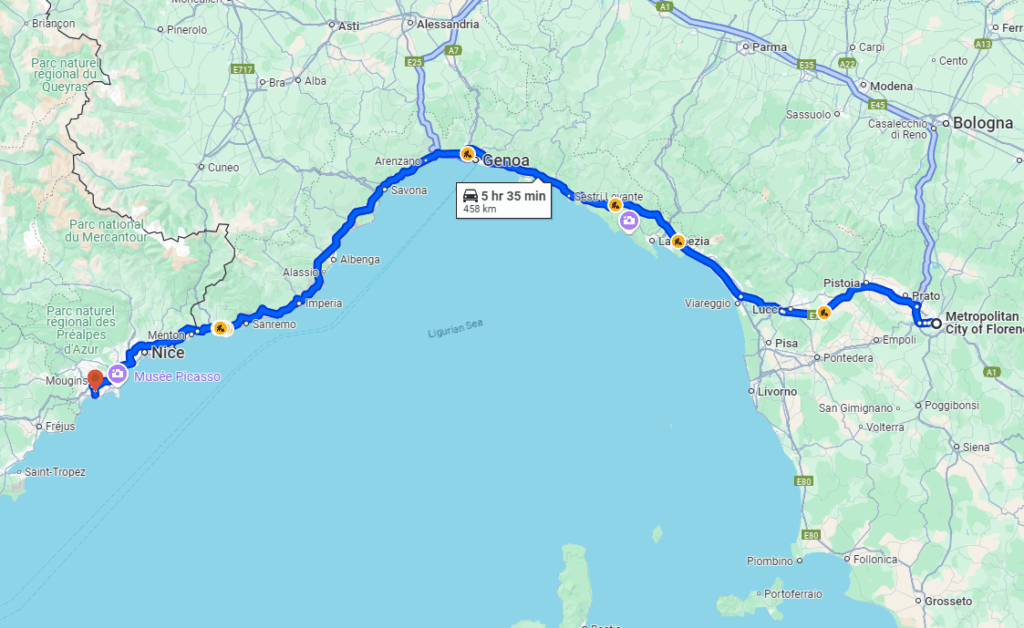 Florence to Cannes road Florence to Cannes road