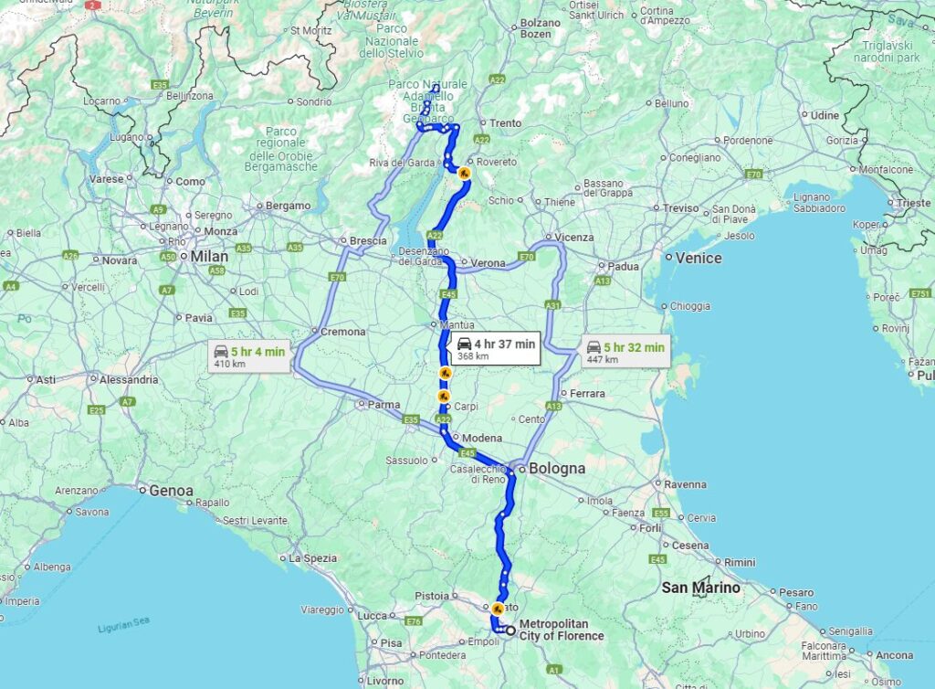 Florence to Madonna di Campiglio road Florence to Madonna di Campiglio road