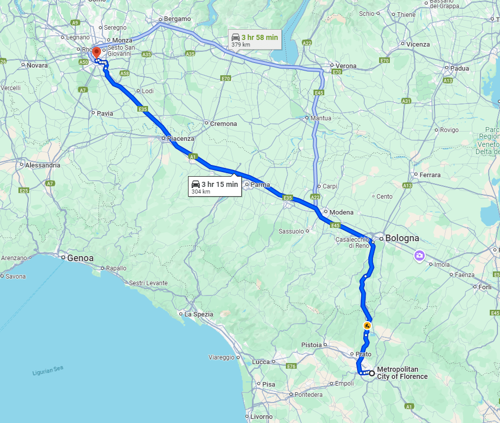 Florence to Milan road Florence to Milan road