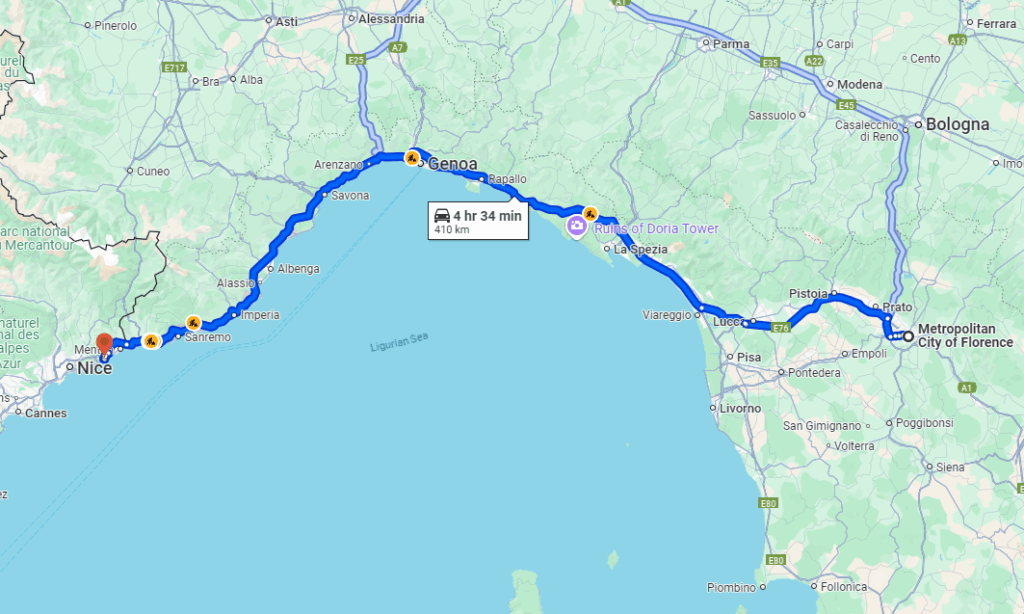 Florence to Monaco road