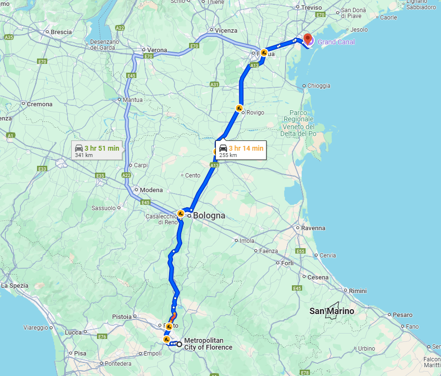 Florence to Venice road Florence to Venice road