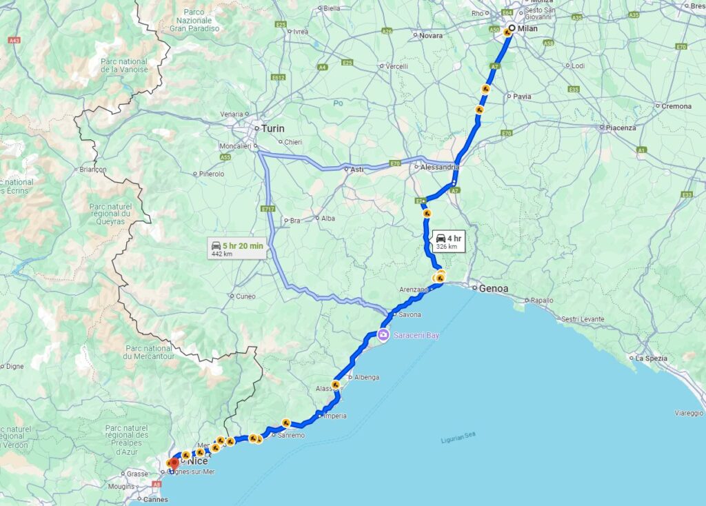 Milan to Nice road From Milan to Nice road