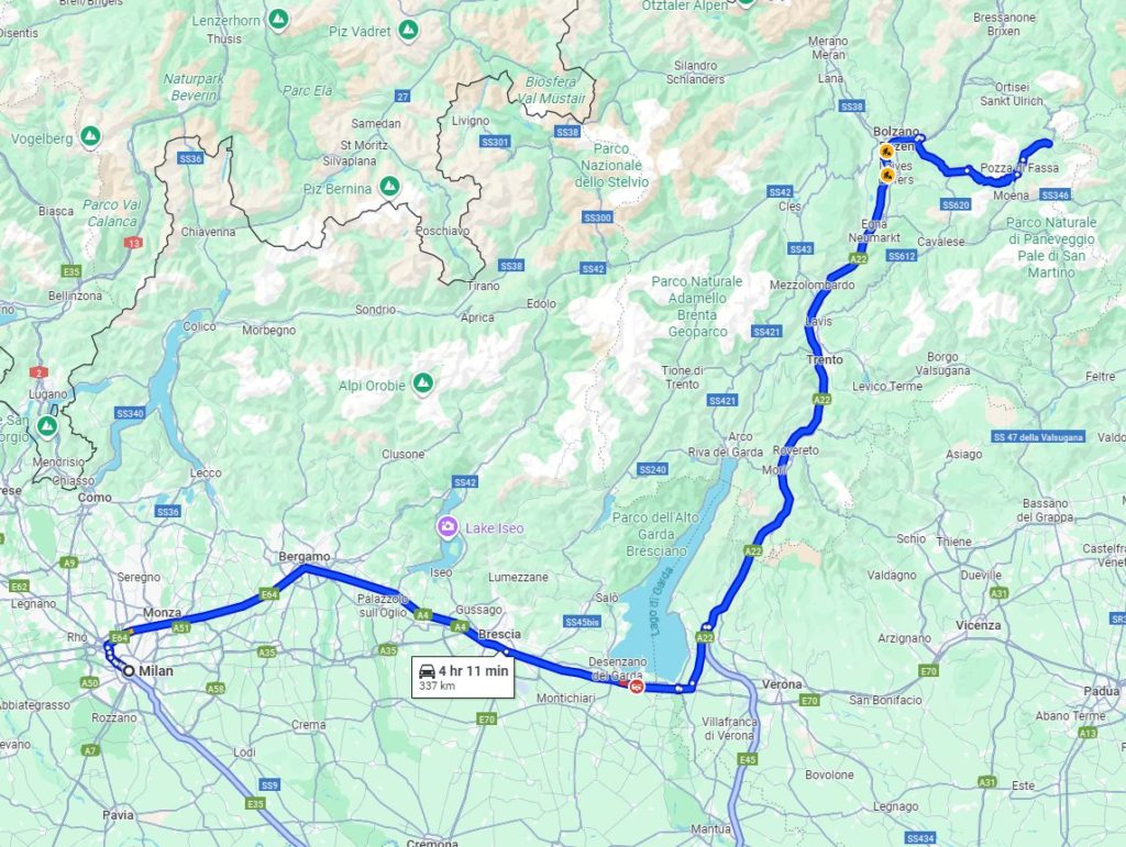 Milan to Canazei road