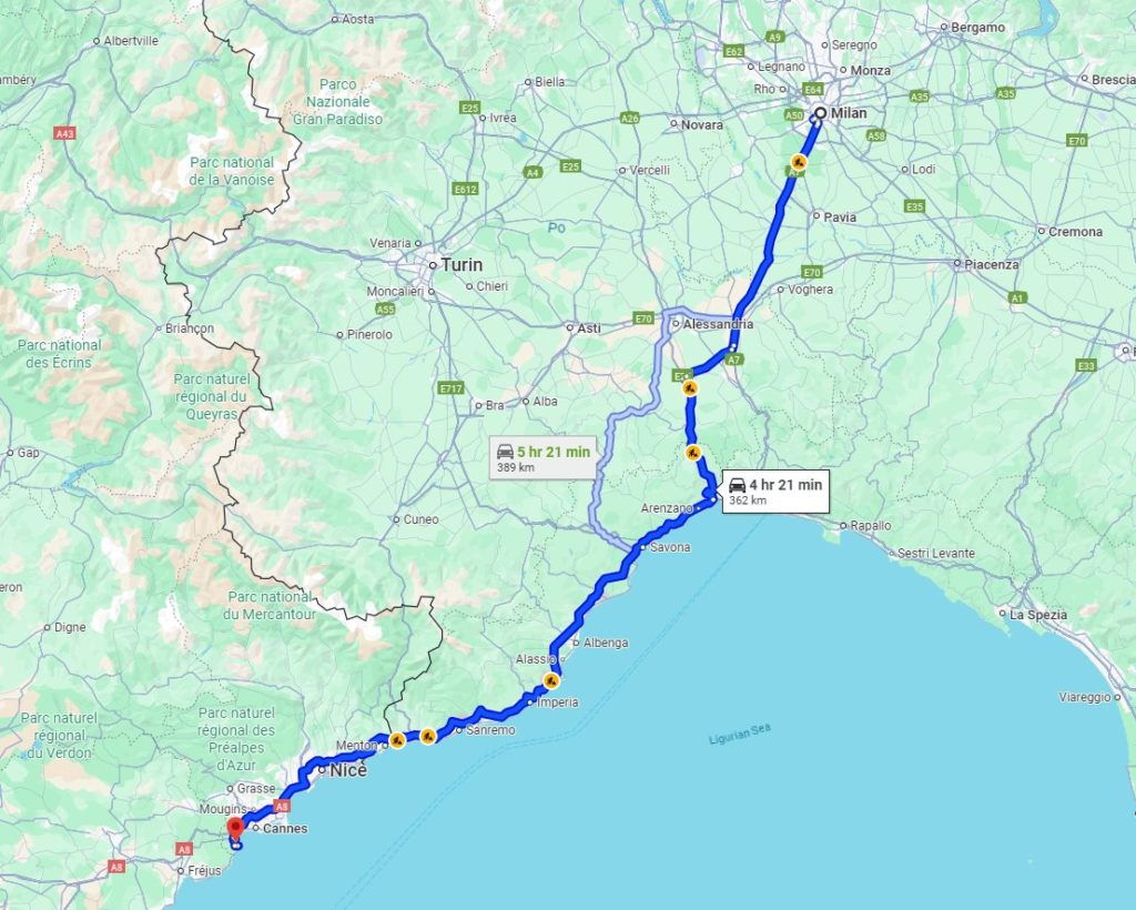 Milan to Théoule-sur-Mer Road